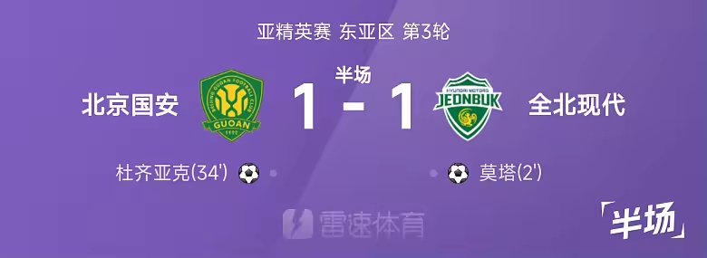 亚精英赛半场莫塔杜齐亚克破门国安1比1全北现代